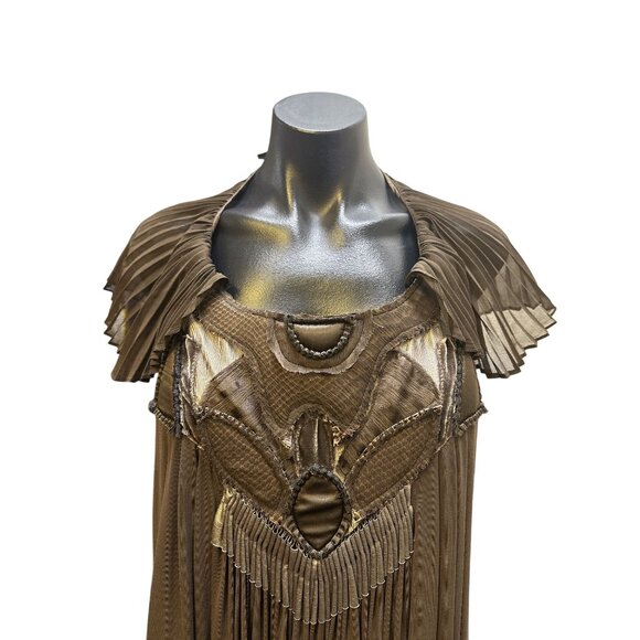 BCBG Maxazria Runway Vintage-Inspired Brown Pleated Maxi Dress w/Intricate Cutou - Picture 3 of 6